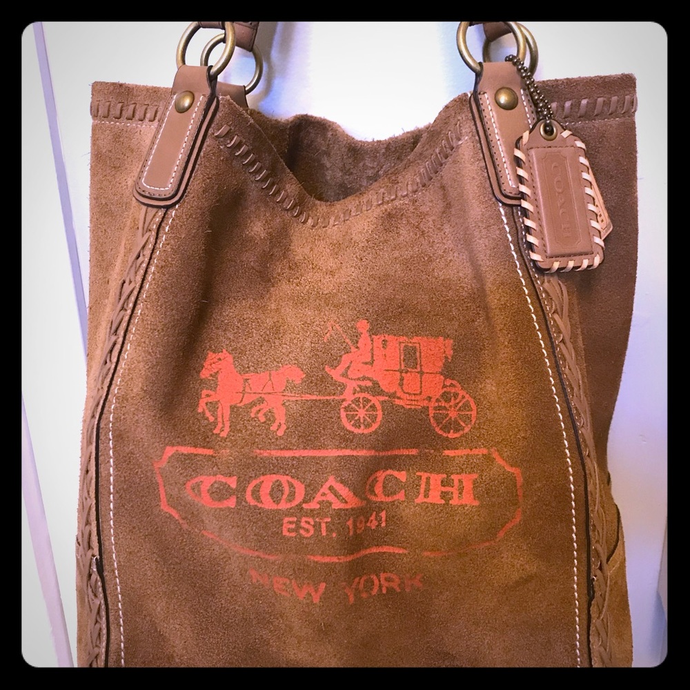 COACH Poppy Horse & Carriage Large Suede Tote